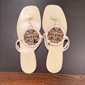 Tory Burch Women's Miller Cream Sandals with Colorful Stone Accents